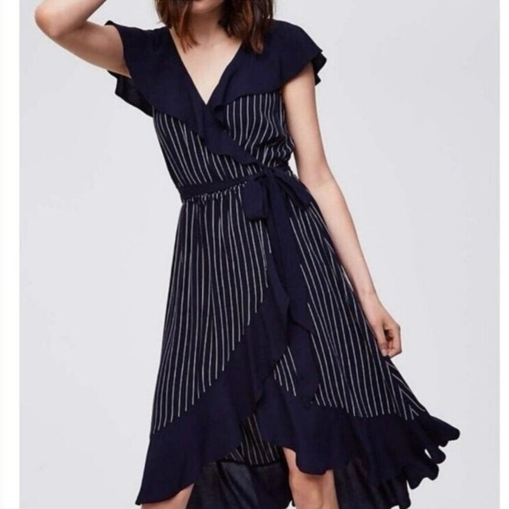 LOFT Plus Sailor Ruffle Wrap Dress High-Low Pinstripe Navy Size 22 Coastal Chic